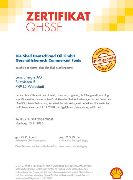 QHSSE Zertifikat Shell- Lenz Energie erfüllt hohe Anforderungen in den Bereichen Qualität, Arbeitssicherheit, Gesundheits- und Umweltschutz